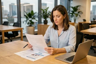 Femme en formation professionnelle consultant des documents sur les cotisations sociales dans un bureau moderne