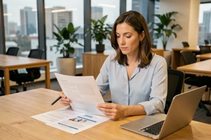 Femme en formation professionnelle consultant des documents sur les cotisations sociales dans un bureau moderne