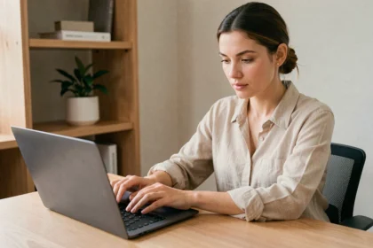 Femme mettant à jour son CV sur un ordinateur portable dans un bureau moderne, illustrant l'ajout de la certification Pix sur un CV