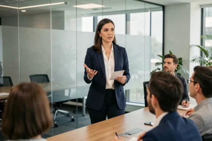 Femme professionnelle présentant un pitch de 5 minutes devant un public dans une salle de réunion moderne