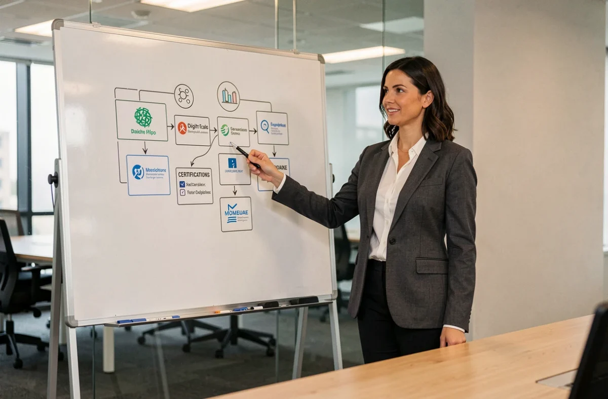 Femme en blazer présentant un tableau de compétences numériques incluant la certification Pix dans une salle de réunion professionnelle
