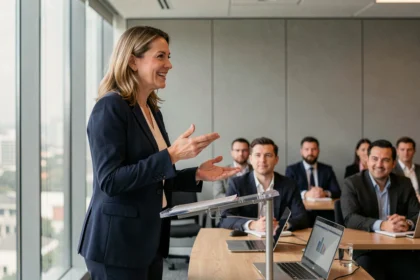 Femme présentant avec assurance devant un public attentif dans une salle de conférence moderne