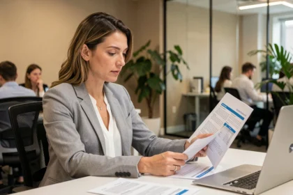 Femme professionnelle consultant des documents sur le financement CPF à son bureau en open space