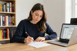 Femme relisant son CV en annotant les sections de compétences linguistiques à son bureau à domicile