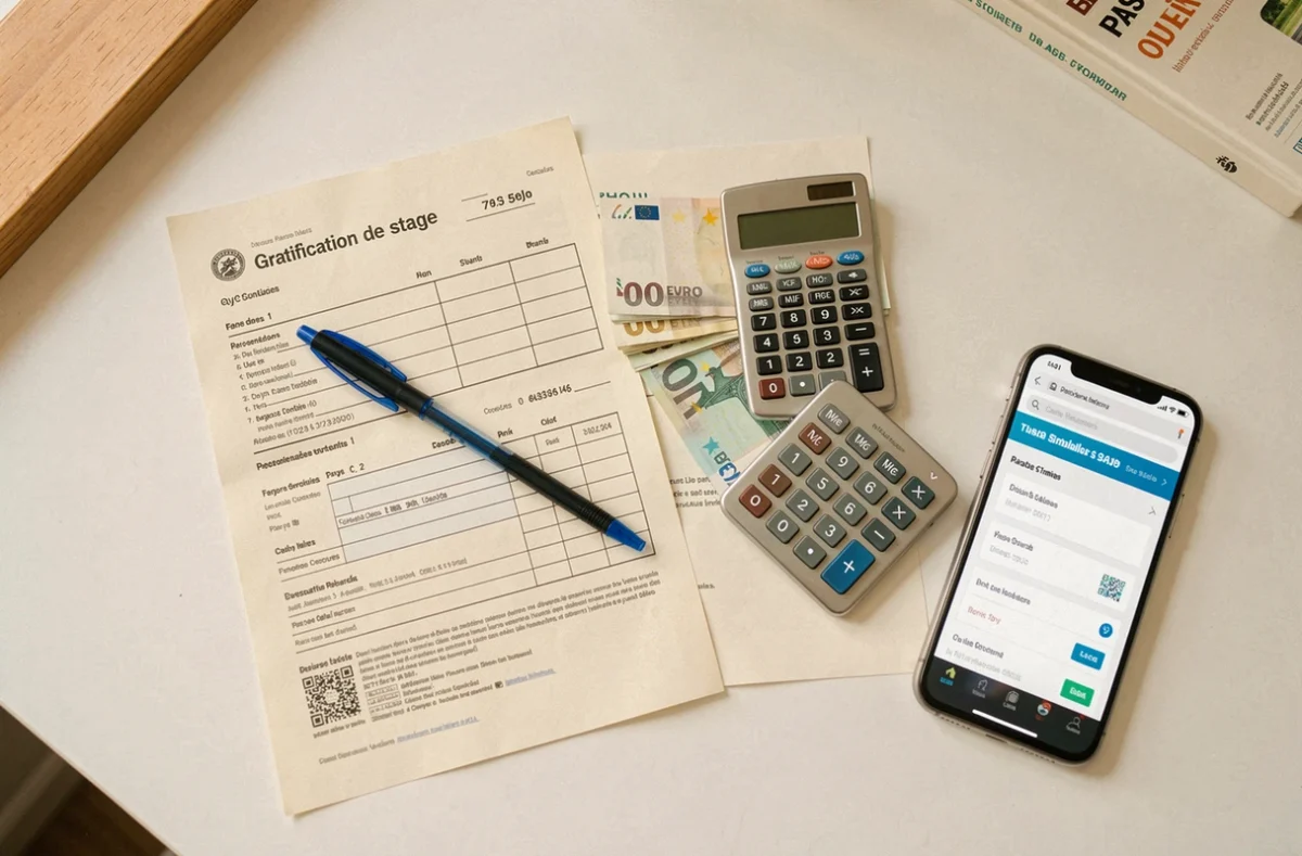 Vue de dessus d'une déclaration fiscale française, d'une gratification de stage et d'un calculateur d'impôts sur un bureau