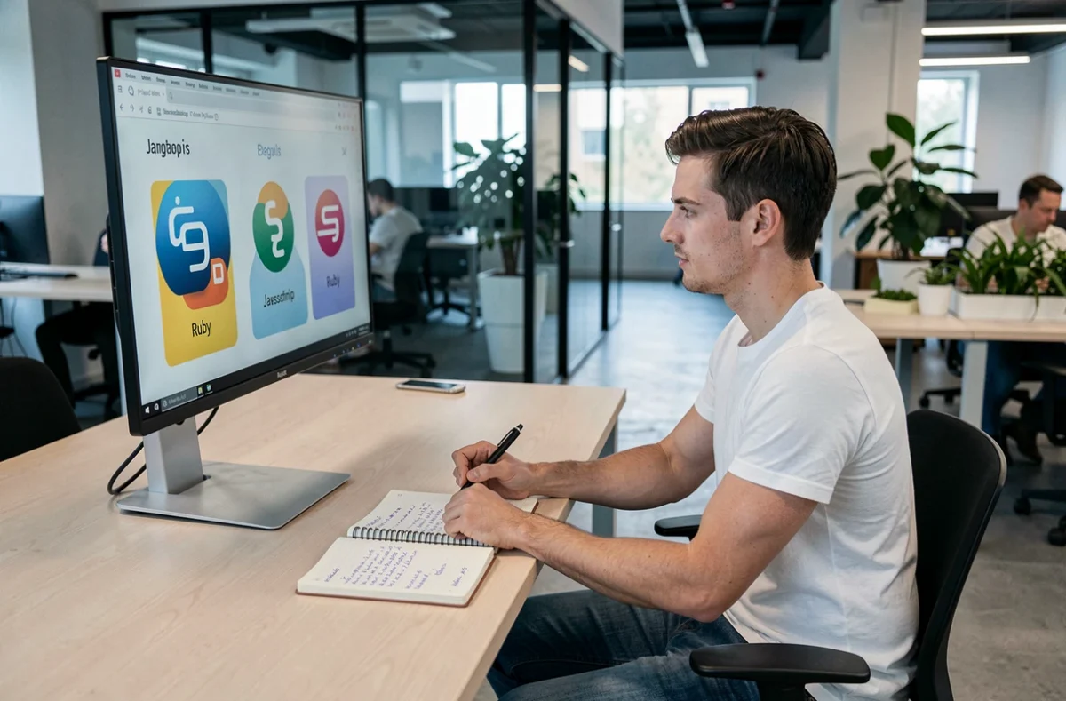 Homme adulte comparant différents langages de programmation sur un grand écran dans un espace de coworking moderne