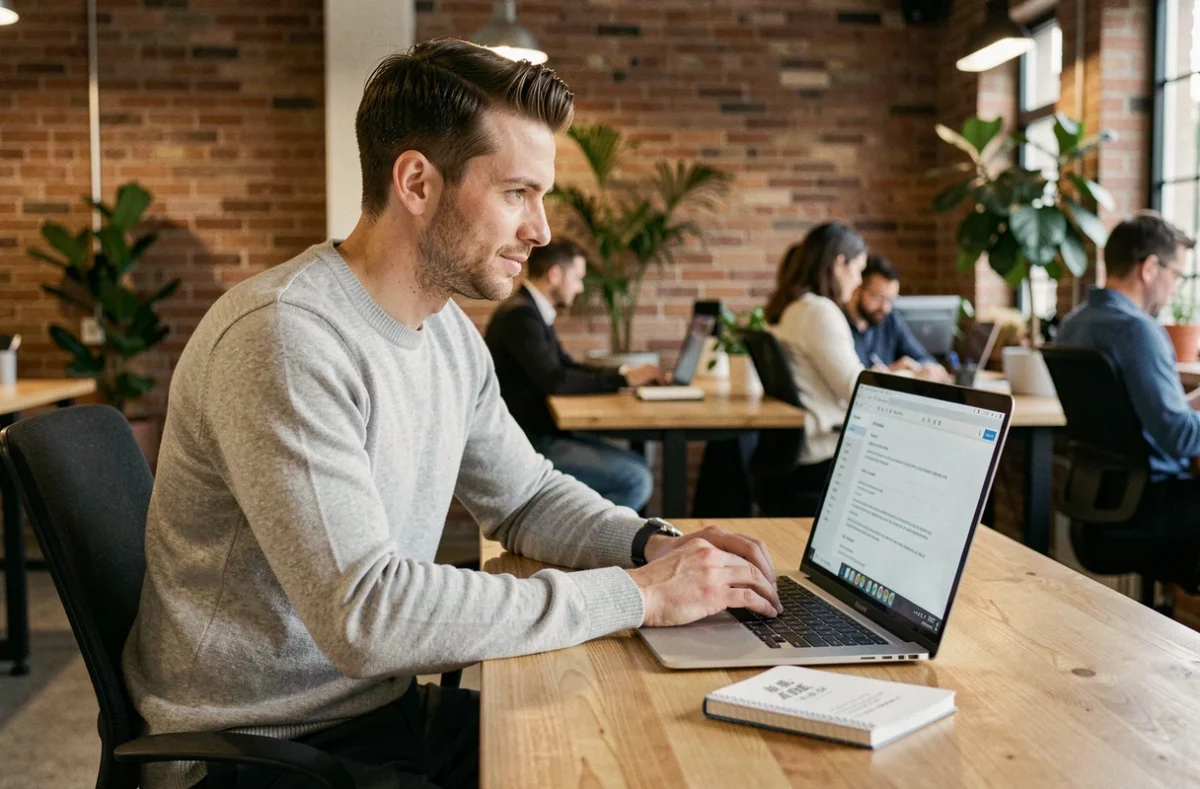 Jeune homme éditant son CV bilingue sur ordinateur portable dans un espace de coworking moderne