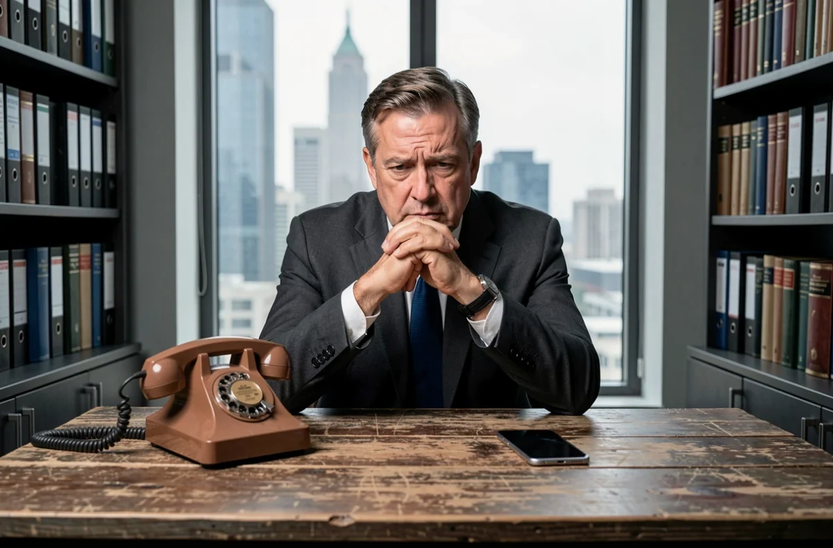 Homme d'affaires réfléchissant à la disruption technologique avec un téléphone vintage et un smartphone sur son bureau