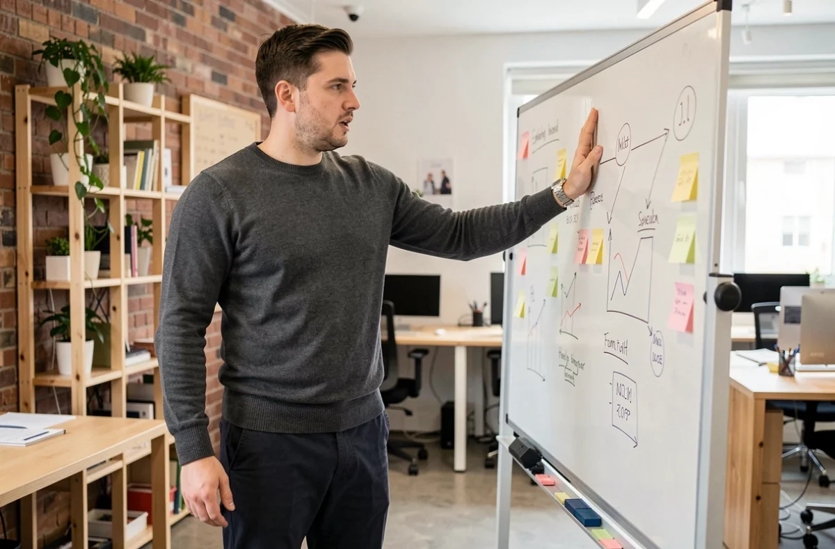Jeune homme s'entraînant à pitcher devant un tableau blanc dans un espace de coworking