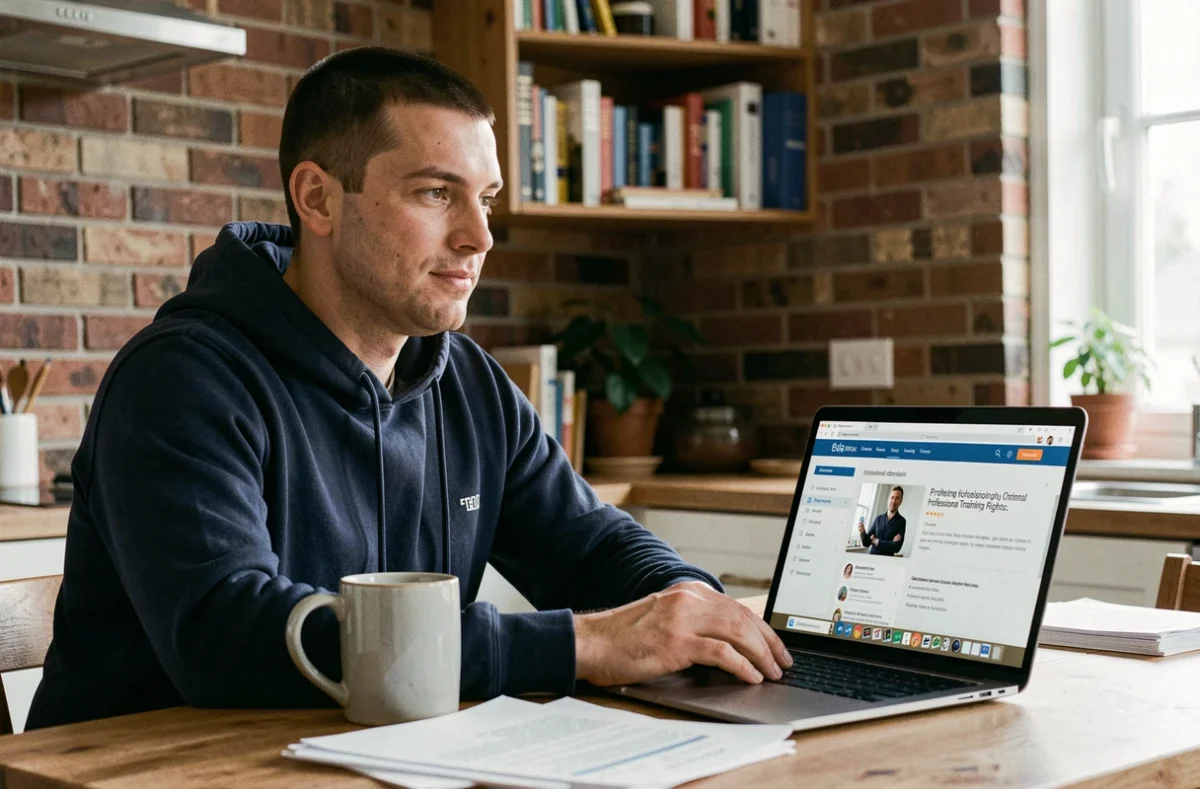 Jeune homme en formation en ligne chez lui consultant ses droits à la cotisation retraite et formation