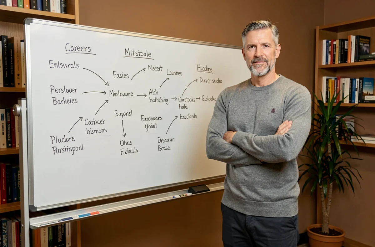 Homme professionnel planifiant les étapes de sa carrière devant un tableau blanc
