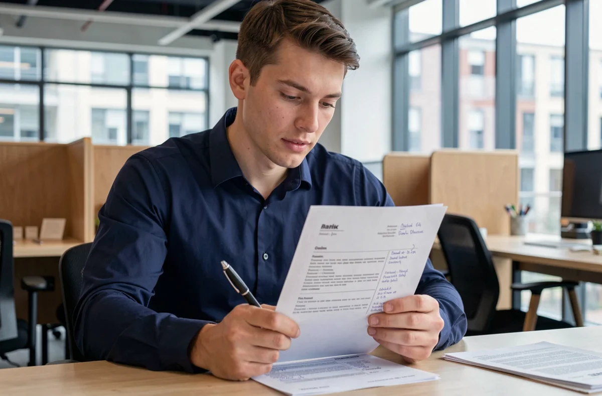 Jeune homme relisant son CV imprimé dans un espace de co-working, avec des annotations pour intégrer la compétence numérique Pix