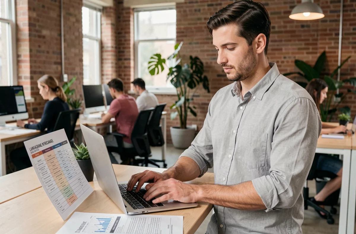 Homme consultant un tableau de niveaux de langue CECRL pour compléter son CV dans un espace de coworking