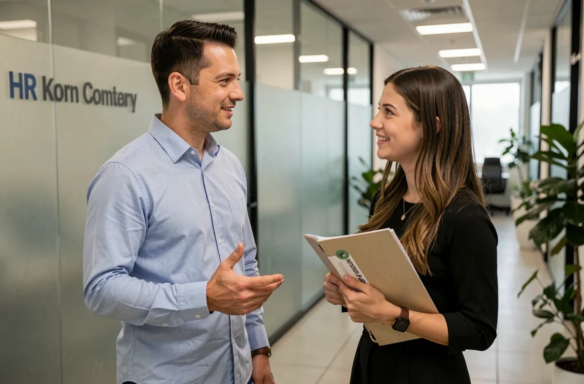 Spécialiste RH accueillant un nouvel employé lors d'une session d'intégration dans un couloir de bureau moderne