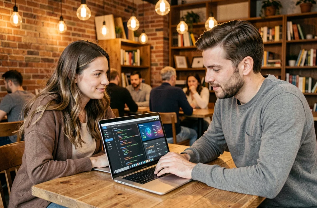 Deux collègues collaborant sur un ordinateur portable avec un tableau de bord d'intelligence artificielle dans un café co-working urbain