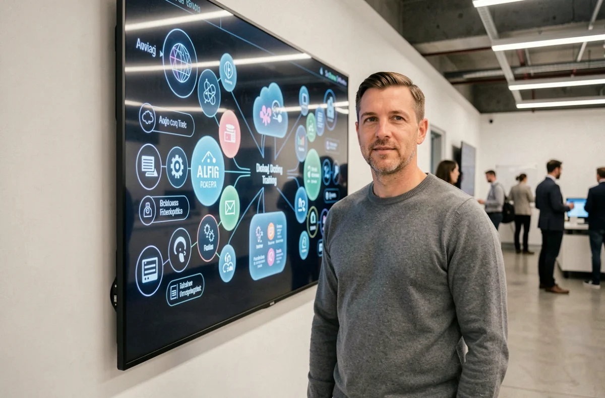 Homme debout devant un écran interactif illustrant les compétences de l'intelligence numérique dans un centre de formation technologique