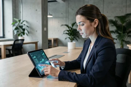Femme professionnelle interagissant avec une tablette affichant des visualisations de données numériques dans un bureau moderne