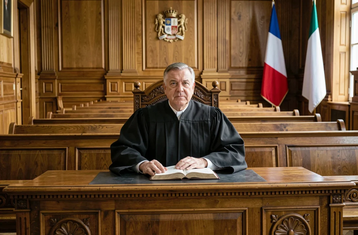 Juge en robe noire assis à la barre d'un tribunal français solennel