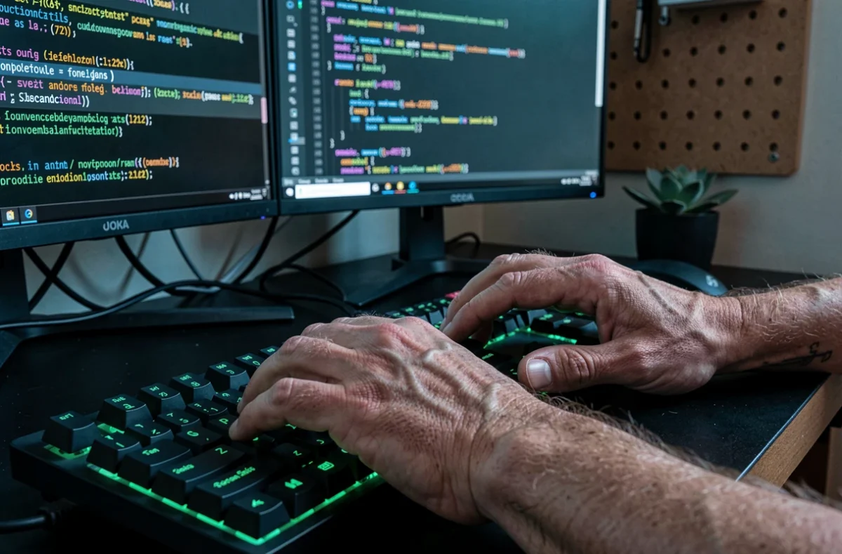 Mains d'un programmeur tapant du code de conversion entre bases numériques binaire octale et hexadécimale sur un clavier mécanique devant plusieurs écrans
