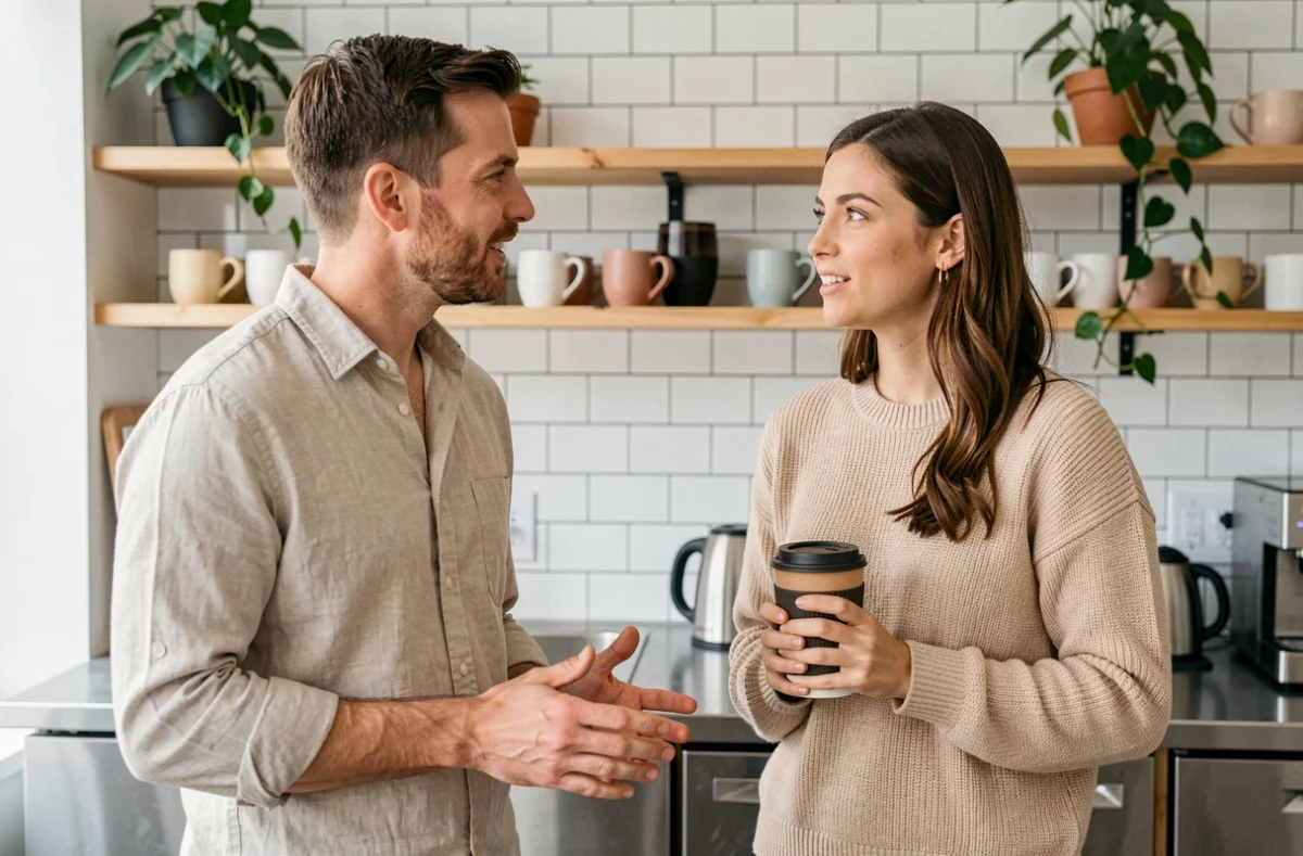 Un manager et un collaborateur échangent informellement dans la cuisine du bureau, illustrant l'évolution des relations interpersonnelles lors du passage au management