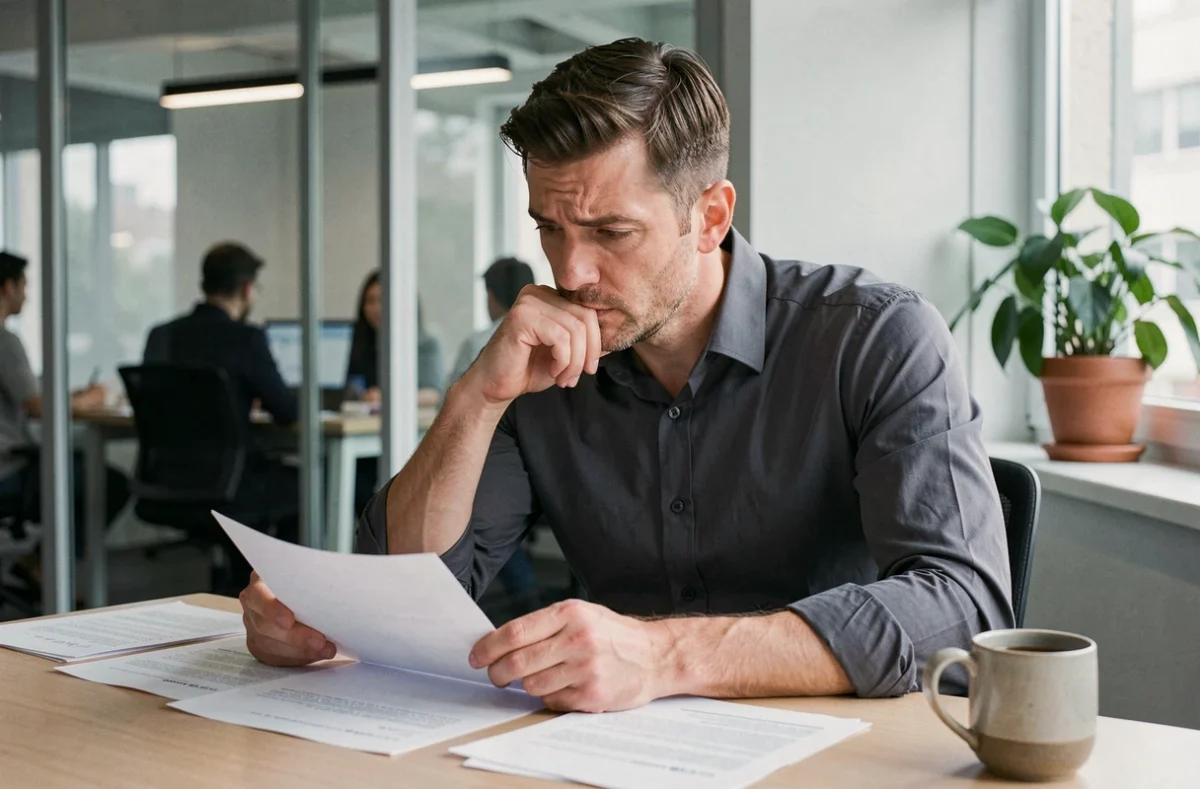 Un homme manager en chemise grise analyse des documents seul dans un bureau vitré, symbolisant la solitude et la réflexion liées au nouveau rôle