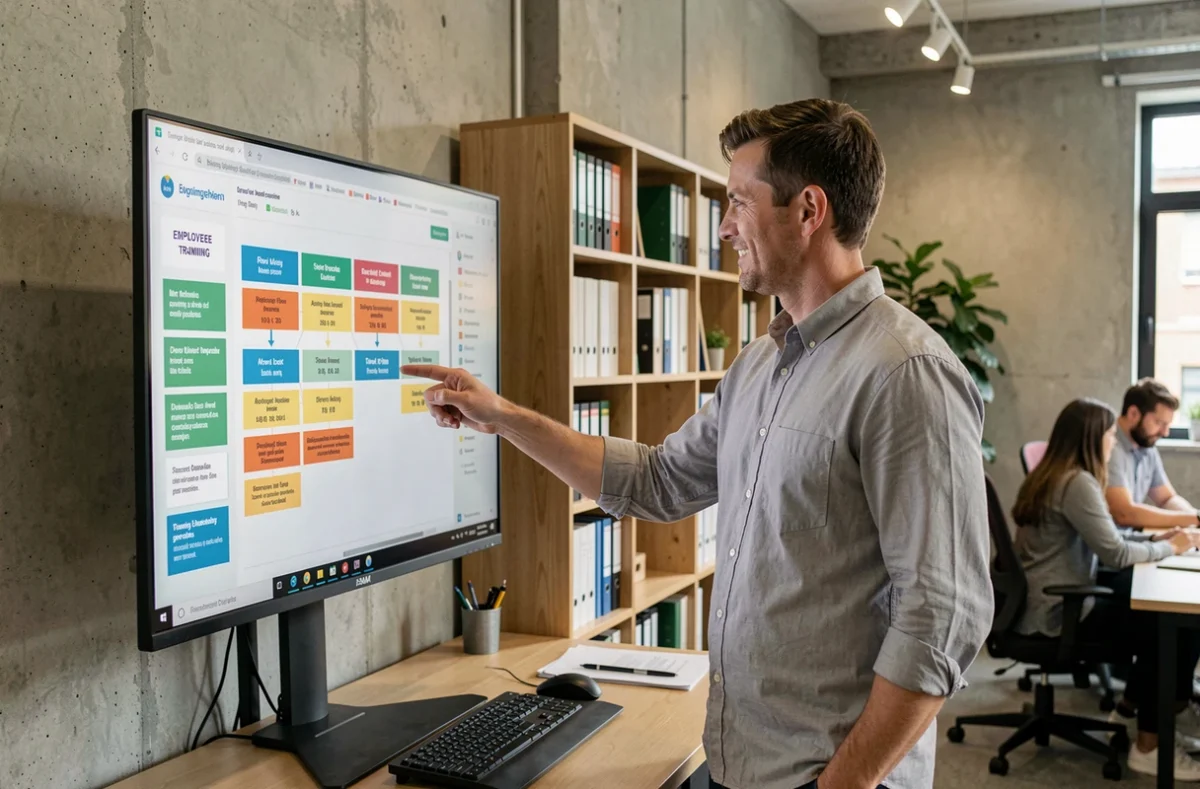 Manager présentant un plan de formation annuel sur écran dans un bureau moderne en open space
