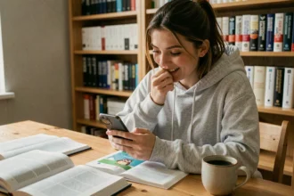 Jeune femme utilisant l'application Duolingo sur son smartphone pour apprendre une langue étrangère