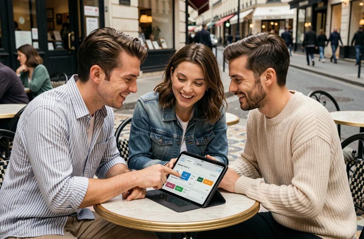 Groupe d'adultes discutant du niveau de langue obtenu avec l'application Duolingo autour d'une table de café
