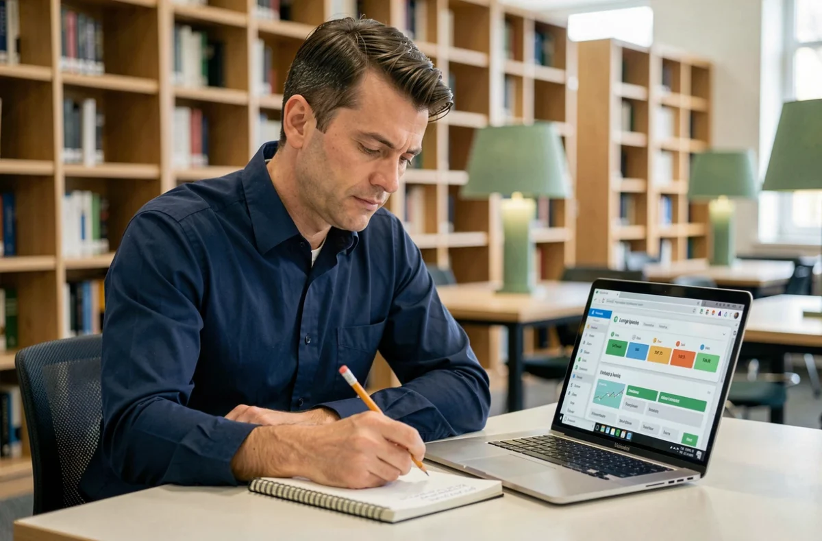 Homme étudiant le niveau de langue atteint avec Duolingo dans une bibliothèque moderne