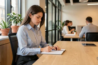 Jeune stagiaire femme prenant des notes dans un bureau moderne, illustrant la définition des objectifs de stage