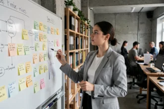 Jeune femme organisatrice de startup devant un tableau blanc couvert de notes et de schémas dans un bureau moderne