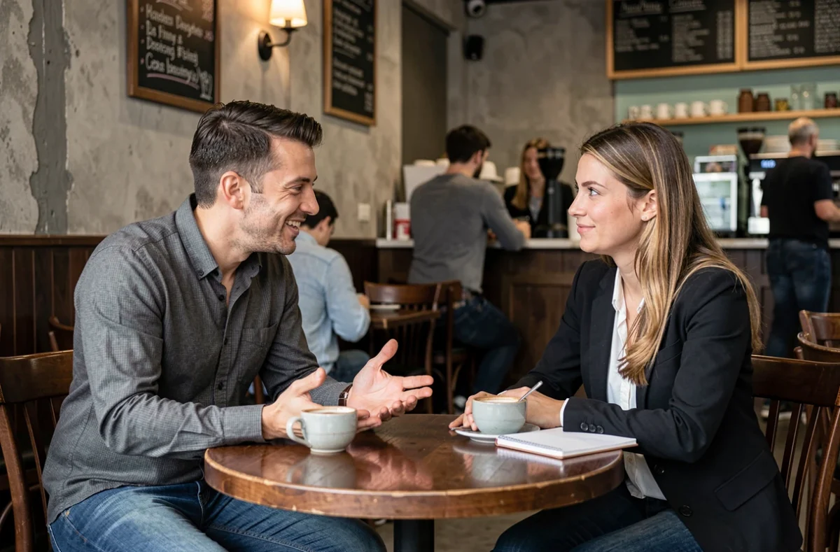 Deux entrepreneurs en réunion informelle dans un café pour pratiquer un pitch de cinq minutes
