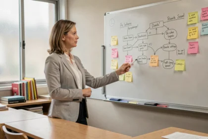 Enseignante planifiant les phases d'un projet pédagogique au tableau blanc avec des notes colorées
