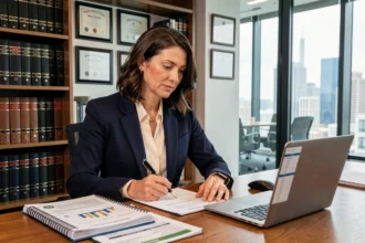 Comptable expérimentée en costume professionnel travaillant sur des rapports financiers dans un bureau corporate, illustrant les plus hauts grades en comptabilité