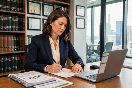 Comptable expérimentée en costume professionnel travaillant sur des rapports financiers dans un bureau corporate, illustrant les plus hauts grades en comptabilité