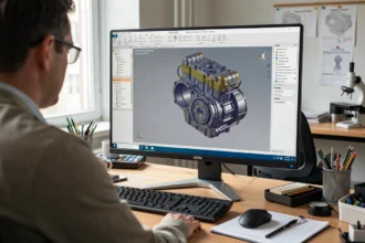 Poste de CAO avec une pièce mécanique en 3D à l'écran