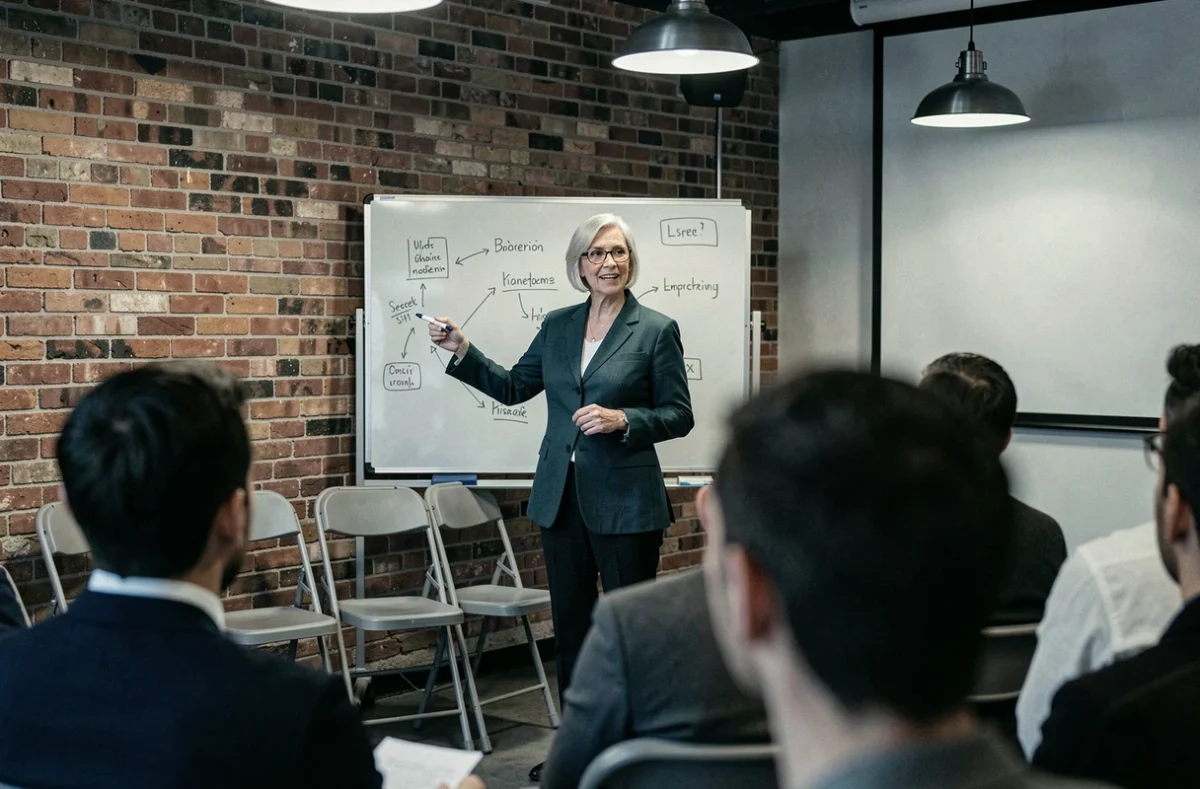 Femme experte animant un séminaire devant un tableau blanc avec des schémas, illustrant la communication claire et structurée comme principe essentiel pour transmettre un message efficacement
