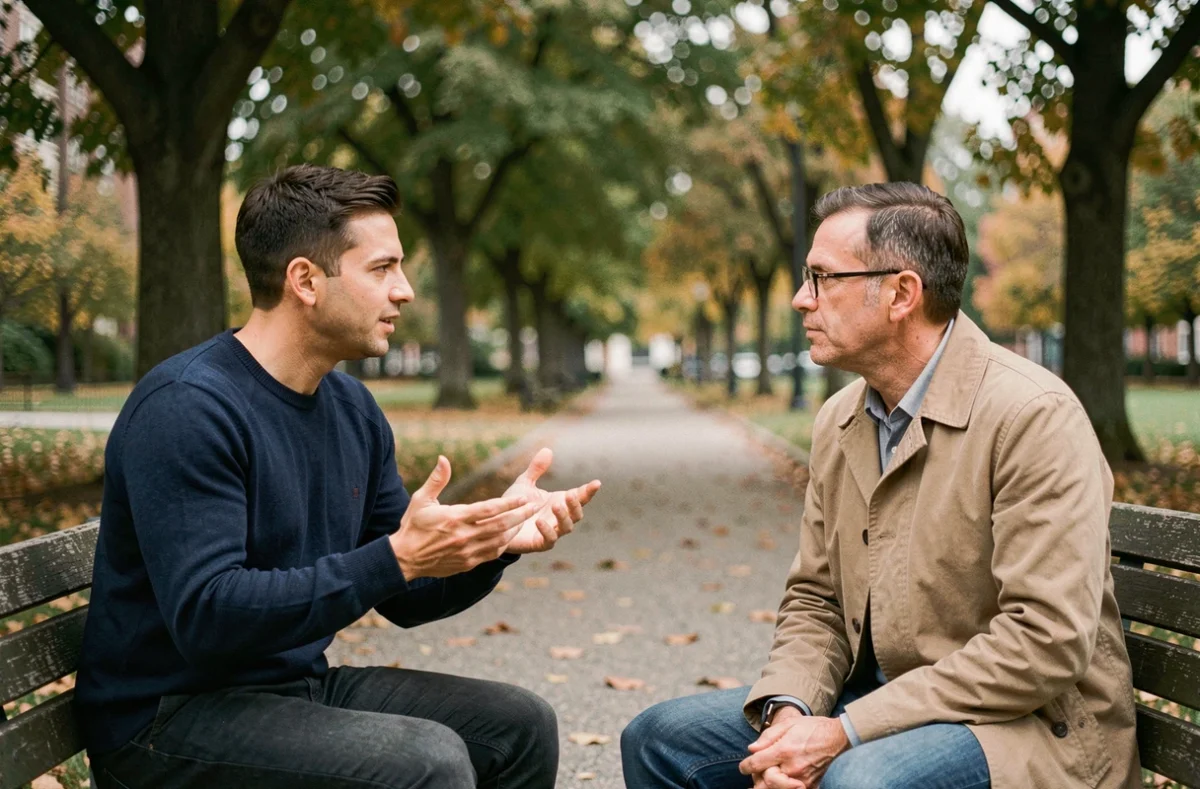 Deux hommes en conversation sincère assis sur un banc dans un parc urbain en automne, représentant l'importance de l'écoute active comme principe de base de la communication interpersonnelle