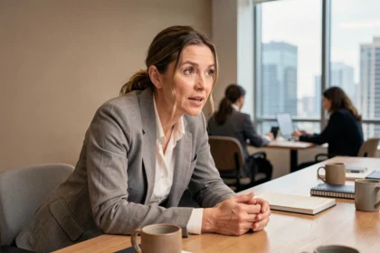 Femme professionnelle en communication active lors d'une réunion en open space, illustrant le principe fondamental de l'écoute et de l'engagement dans la communication