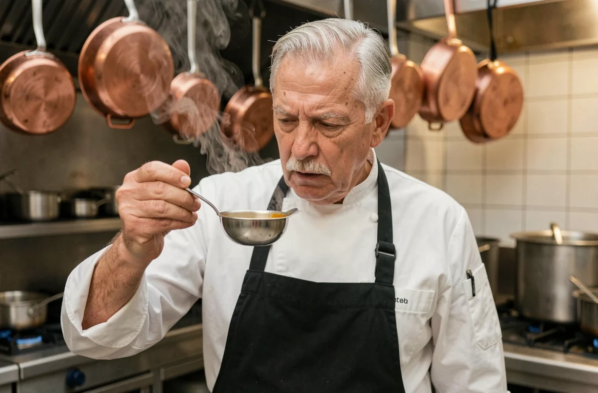 Chef cuisinier expérimenté goûtant une sauce dans une cuisine professionnelle pour garantir la qualité culinaire