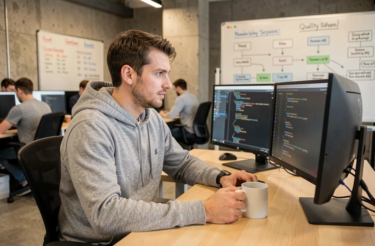 Développeur informatique analysant du code de qualité logicielle sur deux écrans dans un open space moderne