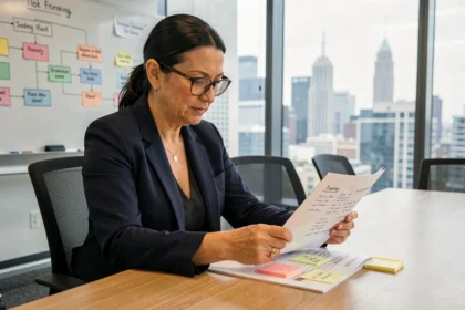Responsable RH analysant un plan de formation en entreprise lors d'une réunion professionnelle