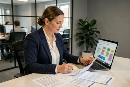 Responsable RH examinant des formulaires d'évaluation des employés dans un bureau moderne en open space