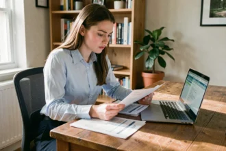 Jeune femme consultant des documents fiscaux et sa déclaration d'impôts sur ordinateur portable dans un bureau à domicile