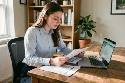Jeune femme consultant des documents fiscaux et sa déclaration d'impôts sur ordinateur portable dans un bureau à domicile