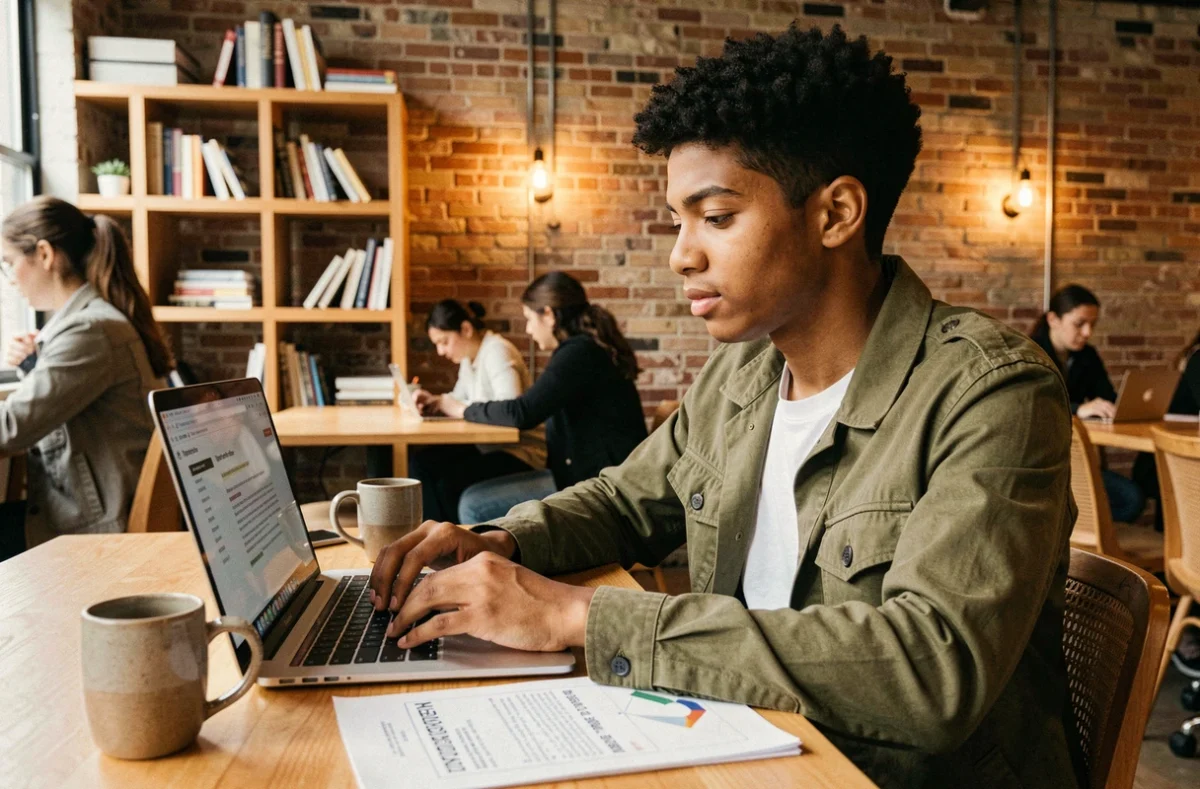 Jeune stagiaire travaillant sur ses objectifs de stage dans un espace de coworking moderne