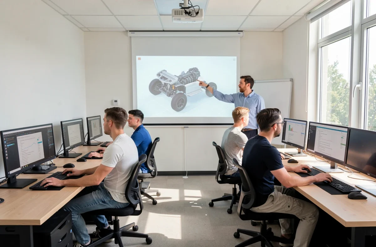 Stagiaires en salle de formation devant des postes de CAO