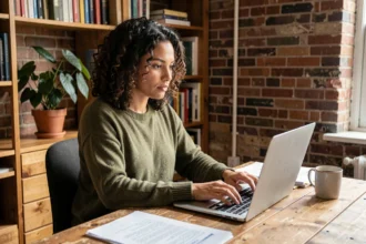 Femme en télétravail travaillant sur un ordinateur portable dans un bureau à domicile sans diplôme