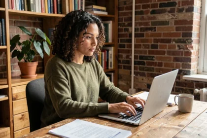 Femme en télétravail travaillant sur un ordinateur portable dans un bureau à domicile sans diplôme
