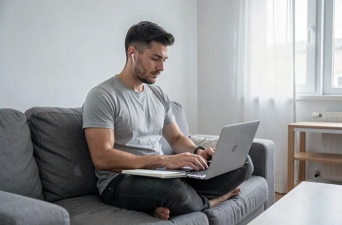 Jeune homme en télétravail sur canapé avec ordinateur portable, travail à distance sans diplôme